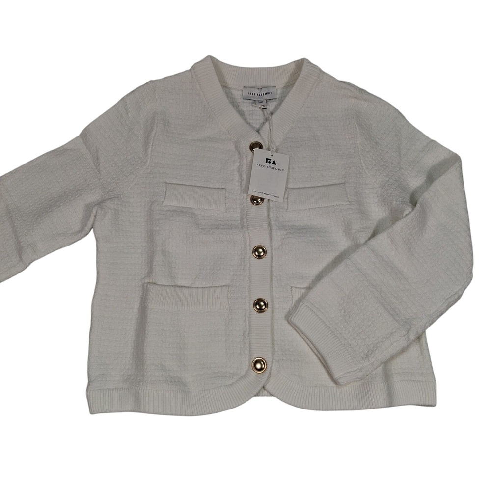 Free Assembly Welt Pocket Cardigan Womens Size S Cream White Gold Button Knit